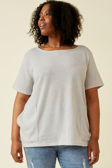 HDK1787W Light Grey Plus Waffle Knit Patch Pocket Short Sleeve Dolman Top Front